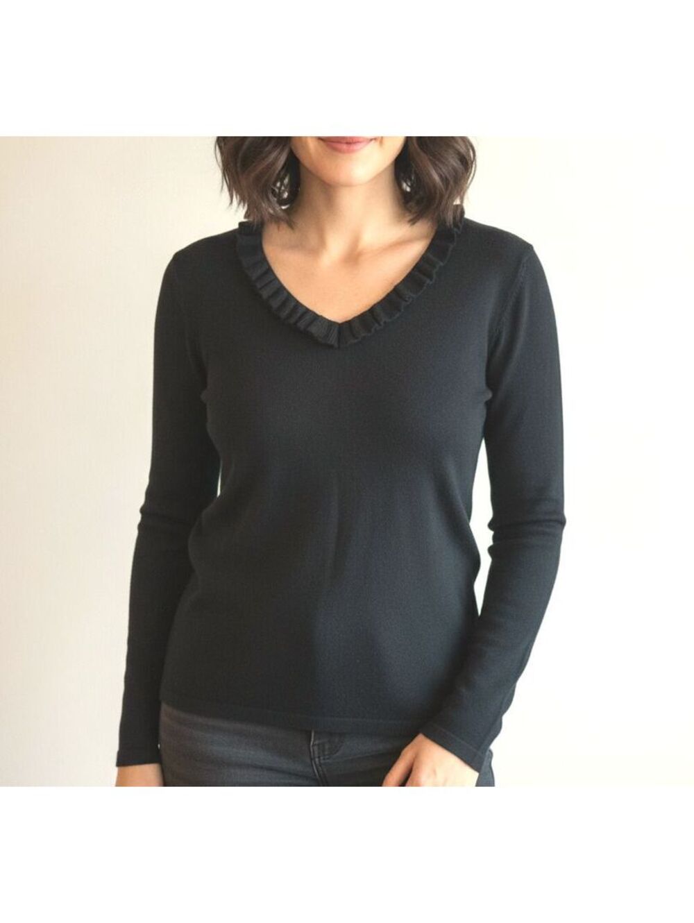 Worthington Women's Black Ruffle V-Neck Long Sleeve Pullover Knit Sweater XL